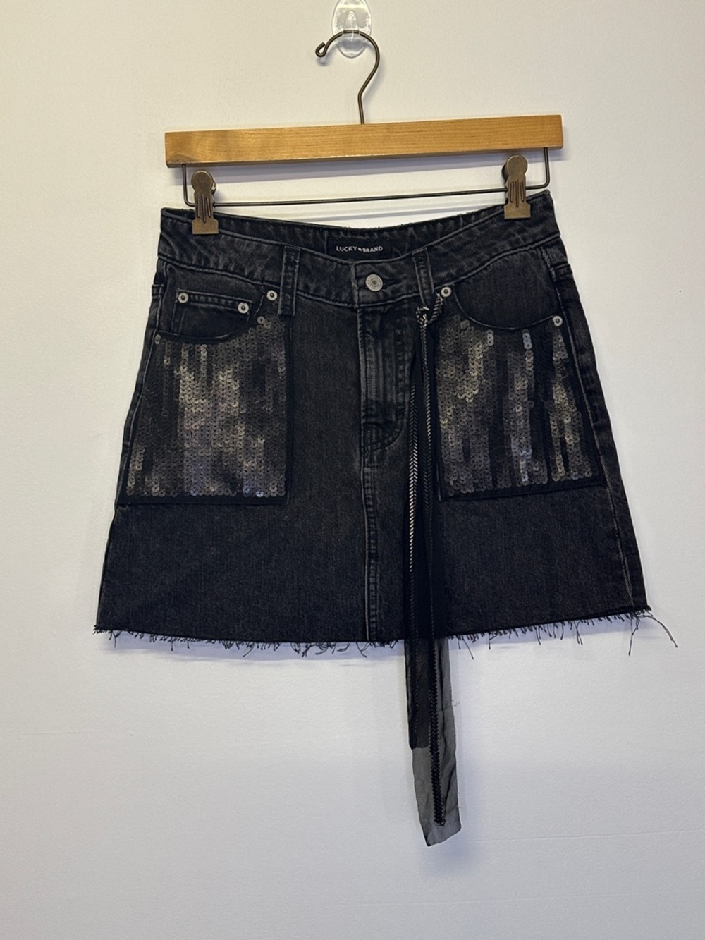 Lucky Brand Black Sequin Pocket Denim Mini Skirt
